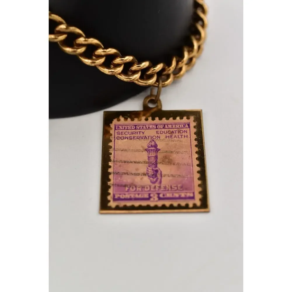 Vintage Stamp Charm Bracelet Antiqued Gold Dangle USA Florida California BinAW